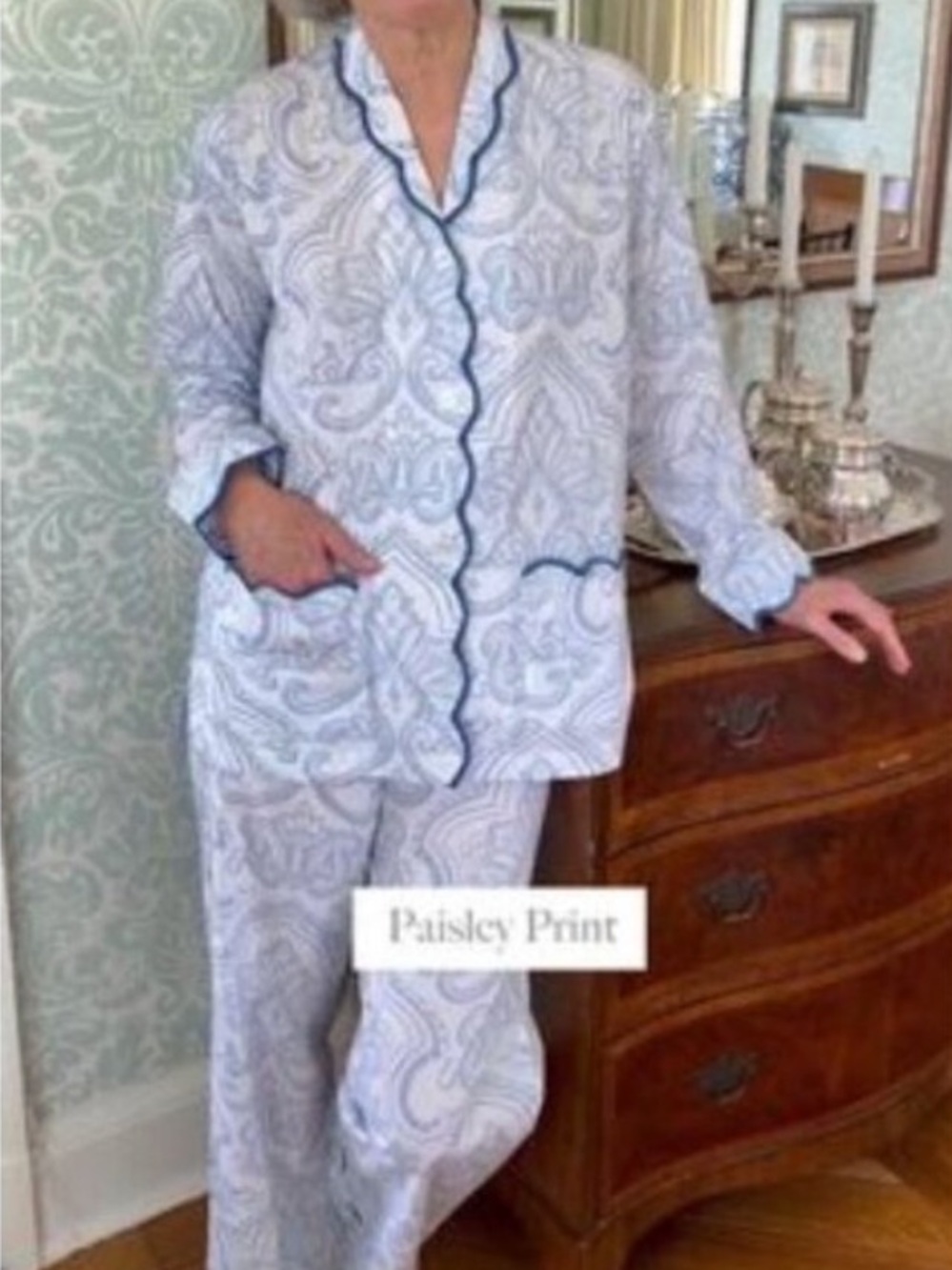 Heidi Carey Blue Paisley Pajama Set Scalloped Trim 100% Cotton Large - Picture 4 of 4